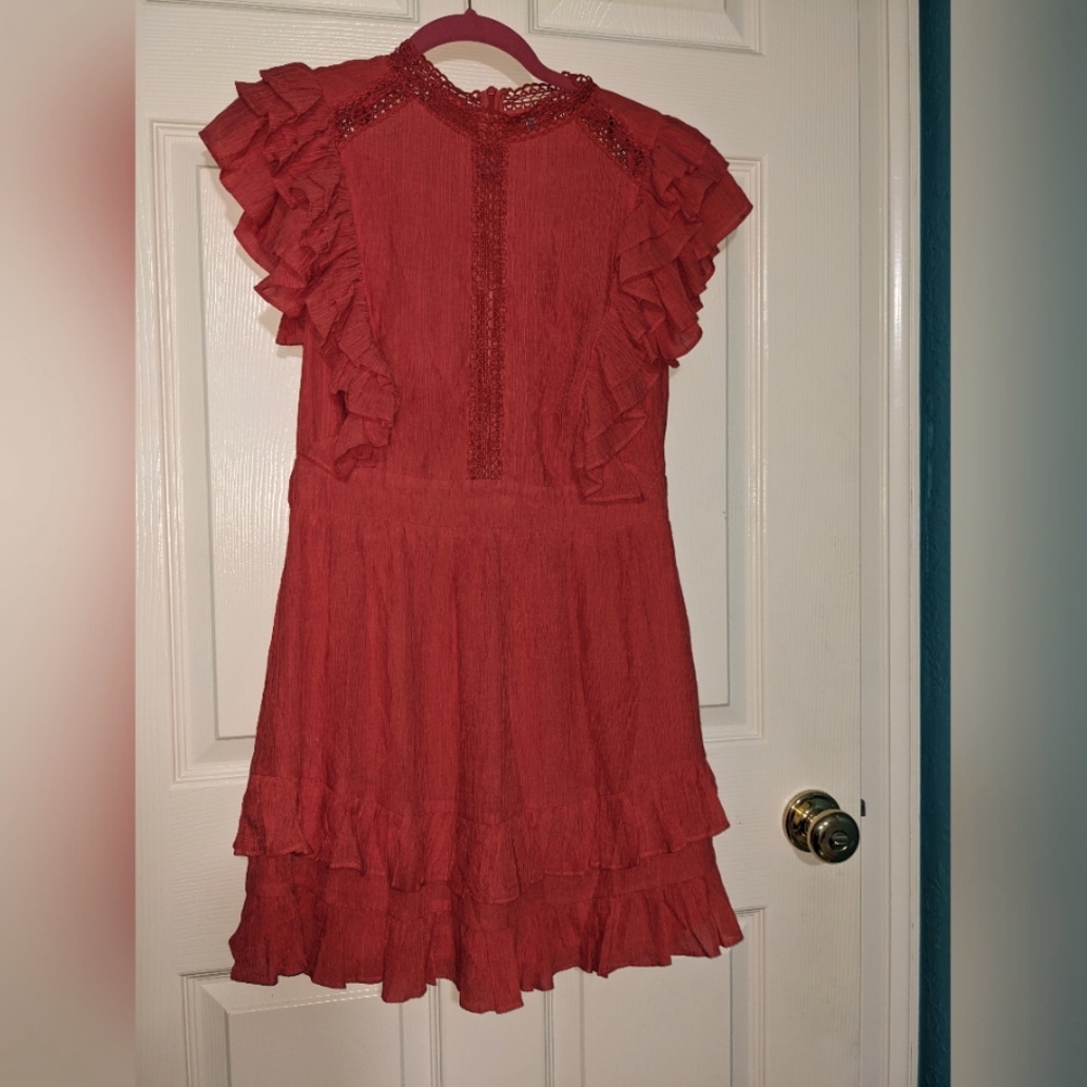 Ruffled Short Sleeve Red Dress